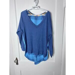 Anthropologie Pilcro Mixed Media Flannel Thermal Flowy V-neck Blue Shirt Small